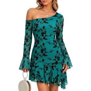 image:imageBeryLove Women One Shoulder Long Sleeve Floral Bodycon Cocktail Short DressTurquoise